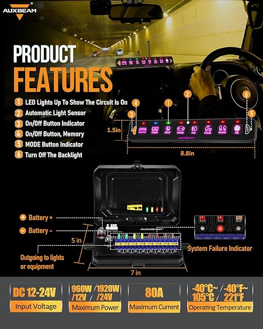 Auxbeam 8 Gang Slim Switch Panel RGB AS-R80 Automatic Dimmable Switch Panel with Toggle Momentary Pulsed LED Control Panel Off Backlight 12-24V for Truck Offroad Car Boat Waterproof, 2-Year Warranty
