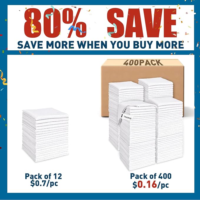 TEAWOO White Microfiber Cleaning Cloths Bulk-400 Pack, Cleaning Rags White | - Image 2