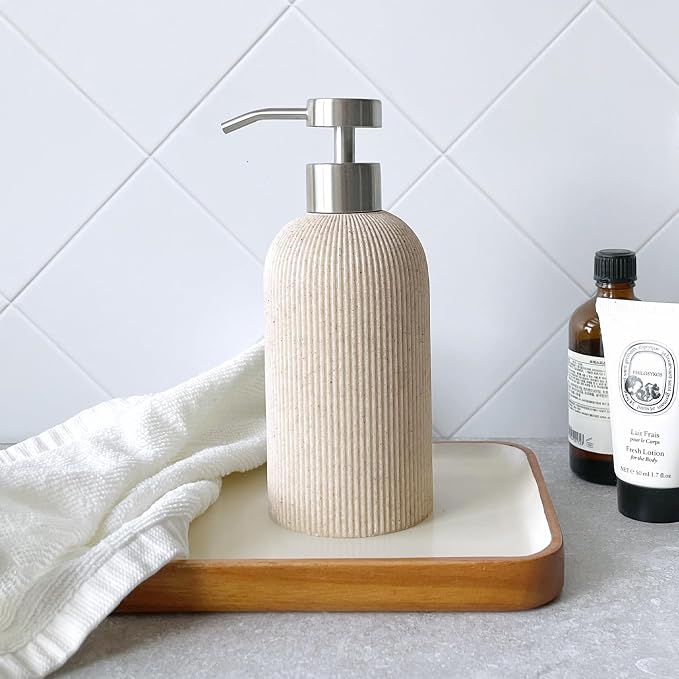 Sand Beige Soap Dispenser with Stainless Steel Pump, 11oz | Luxury Farmhouse - Image 4