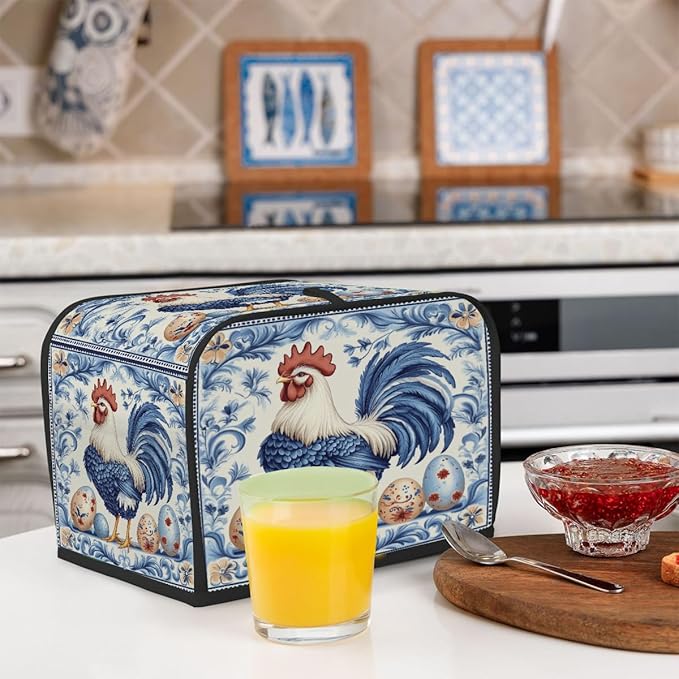 Toaster Cover 4 Slice, Easter Blue Cock Pattern Egg Anti Dust Protector for Bread Maker, Waterproof Kitchen Appliances Accessories