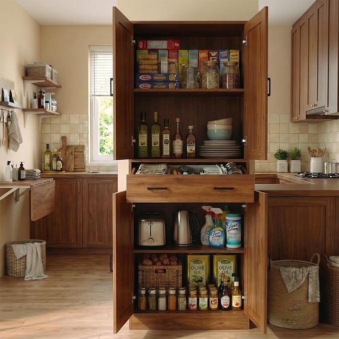 71" Tall Kitchen Pantry Cabinet, Freestanding Storage Cabinet with Drawer and 4 Doors, Large Brown Utility Floor Cupboard with Adjustable Shelves for Dining Room, Bathroom, Home Office