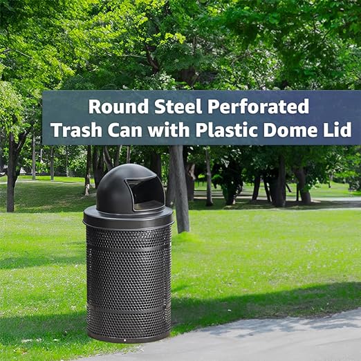 55 Gallon Perforated Trash Can with Plastic Dome Lid, Steel Outdoor Heavy-Duty Commercial Waste Bin, Round Recycle Container, Durable Garbage Can for Parks, Municipalities, Schools, Parking