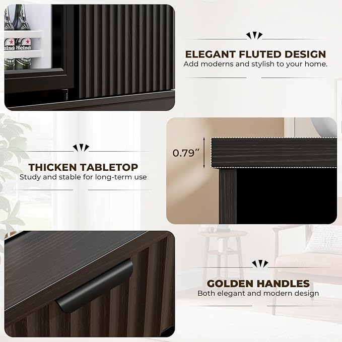 Mini Fridge Cabinet (Fridge Included), Fluted Coffee Bar Cabinet with Refrigerator, Pull Out Drawer & Storage Cabinets, 31.5" Liquor Wine Bar Cabinet for Home, Kitchen, Dining Room, Blac
