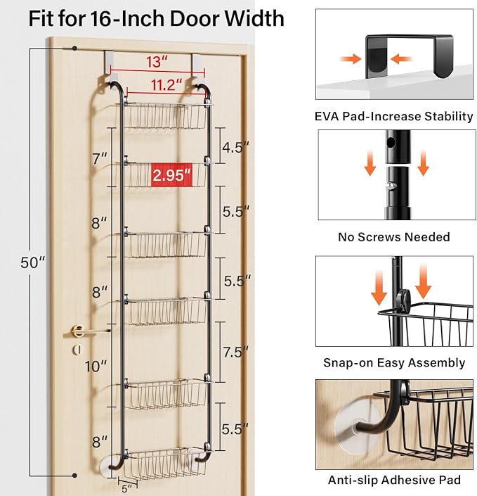 Delamu Narrow Over the Door Pantry Organizer, 6-Tier Metal Pantry Door - Image 2