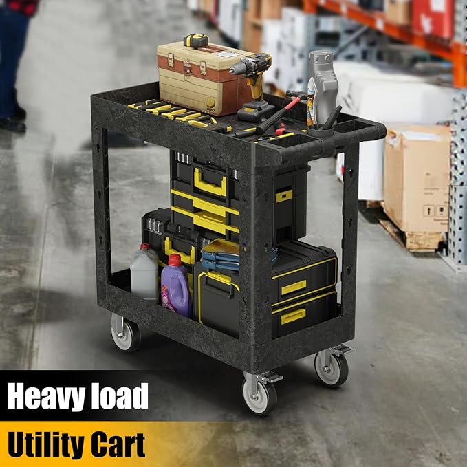Service Utility Plastic Tool Cart, 34 x 17-Inch Rolling With Deep 2-Shelf, Heavy Duty Wheels, 550 lbs Capacity Organizer for Garage, Warehouse, Workshop