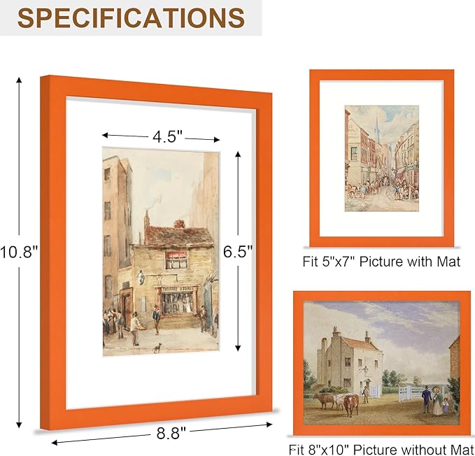 Vittanly 8x10 Picture Frame, Solid Wood Frame with Plexiglass, Includes 5x7 Mat, Wall Hanging or Tabletop for Home Decor, Orange, 1 Pack