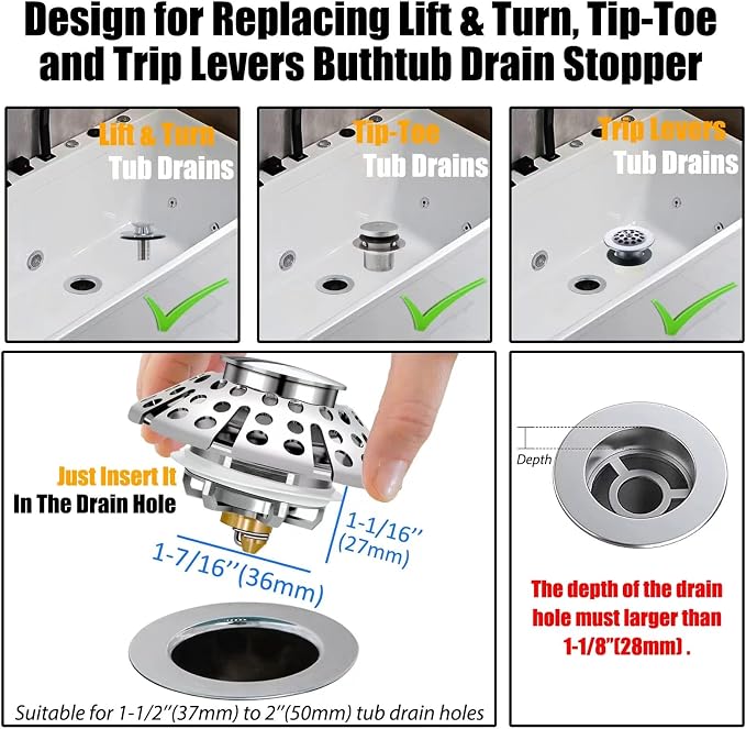 Anlige Bathtub Drain Stopper, Pop Up Tub Stopper - Image 3