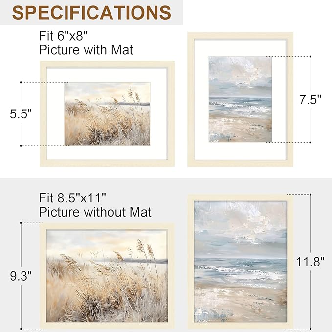 Vittanly 8.5x11 Picture Frame Set of 2, Solid Wood Frame for Wall or Tabletop, Display Photo 6x8 with Mat or 8.5x11 without Mat, White