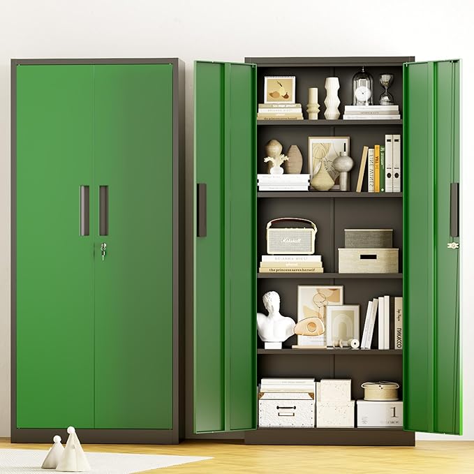 Greenvelly Metal Storage Cabinet, 63" H Locking Metal Storage Cabinet with Doors and 4 Shelves, Lockable Steel Cabinets for Kitchen, Bedroom, Living Room, Office (Green)