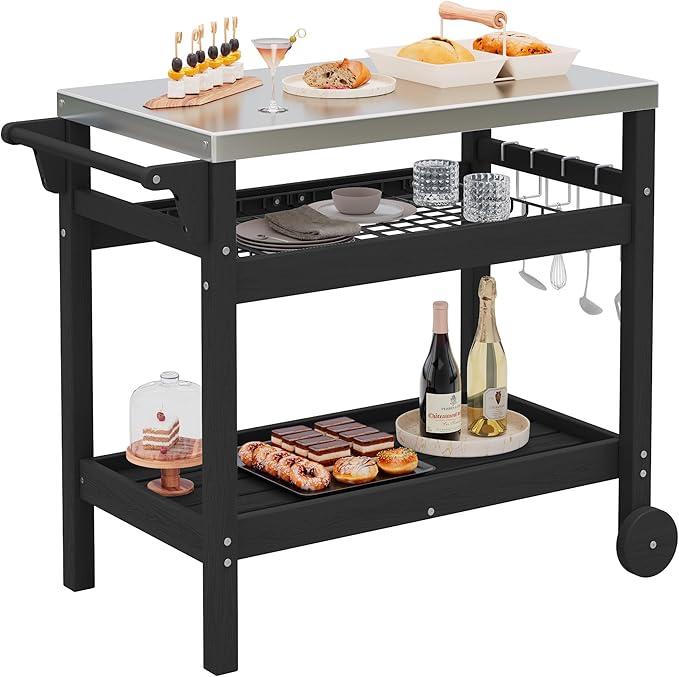 SERWALL Outdoor Grill Cart Table with Three Tier Storage Shelves, Movable Prep Cart, Weather-Resistant HDPE Material, Dining Cart Table for Outdoor Cooking, Four Hooks, Black