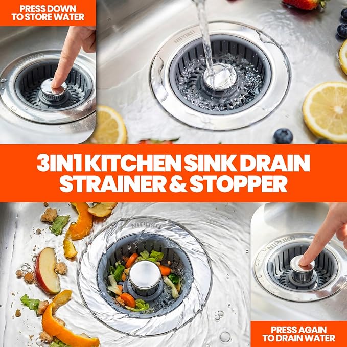 3 in 1 Kitchen Sink Drain Strainer Stopper Basket Pop Up Silver - Image 2