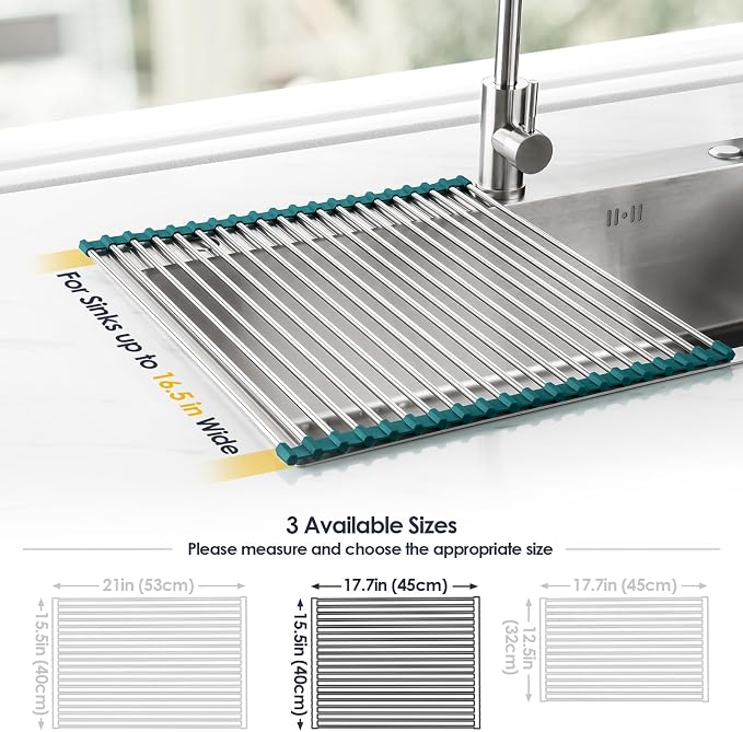 Tomorotec Roll Up Dish Drying Rack Over Sink, 304 Steel, DarkGreen | Anti-Slip - Image 4