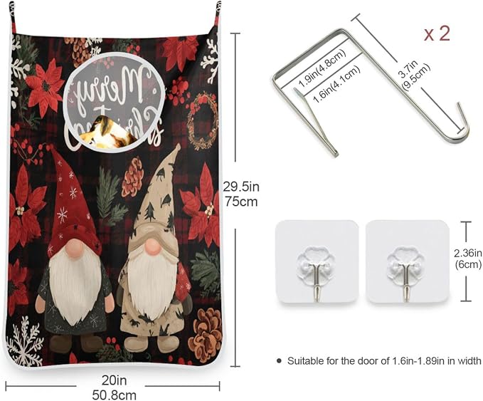 Checkered Christmas Floral Gnomes Hanging Laundry Hamper Door Hampers Bag Basket - Image 3