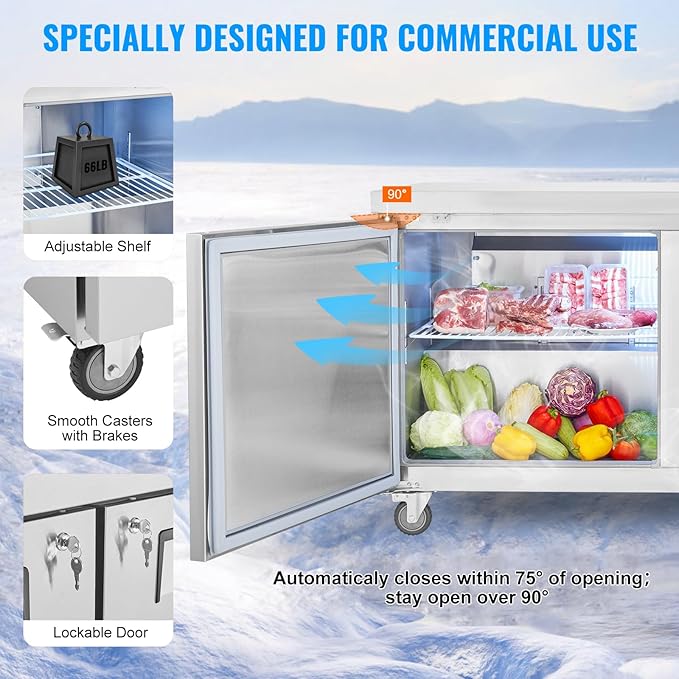 VEVOR 60" Commercial Refrigerator Sandwich & Salad Prep Table, 16.4 Cu. Ft Stainless Steel Refrigerated Food Prep Station with 2 Doors, Frost Free Refrigerator with Lock for Restaurant, Bar, Store