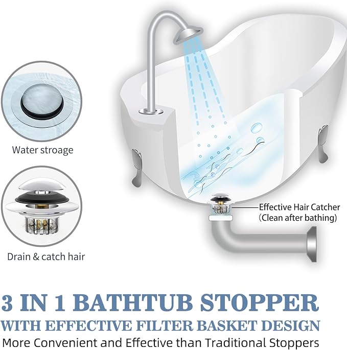 Universal 3 in 1 Bathtub Drain Stopper Bathtub Drain Hair Catcher, Pop-up Tub - Image 3