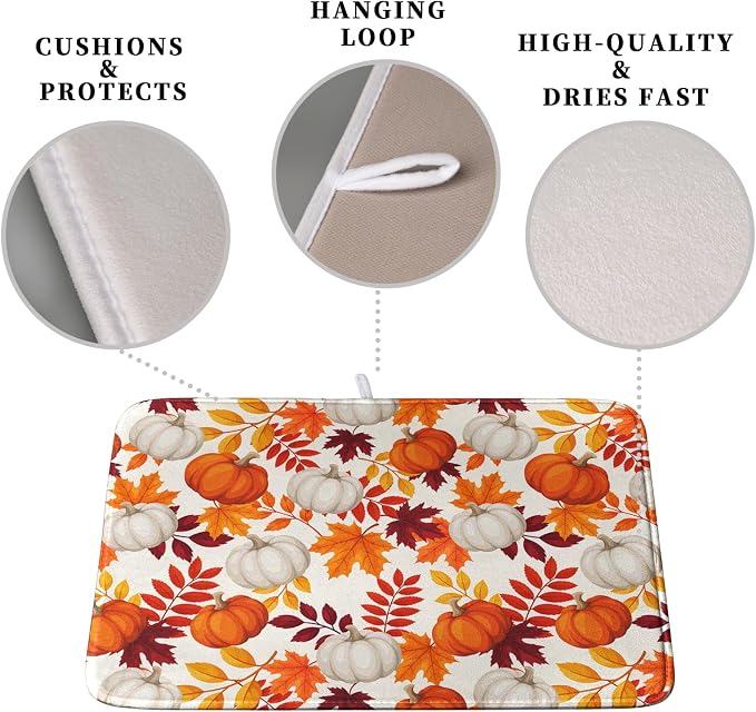Fall Dish Drying Mat for Kitchen Counter Autumn Orange White Pumpkin Maple - Image 3
