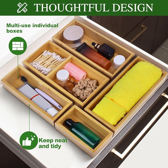 MapleGrace Bamboo Drawer Organizer Set, Individual Wood Storage Organizers | 5 - Image 6