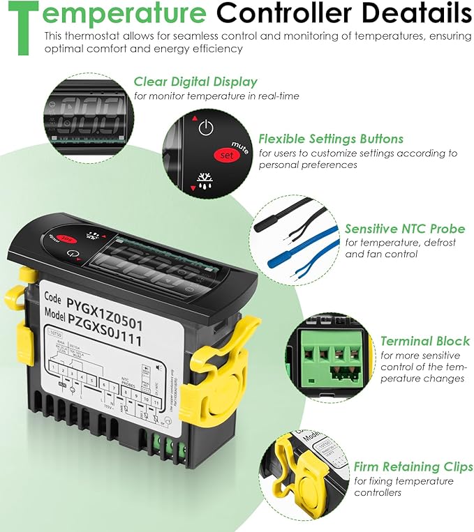 PZGXS0J111 Temperature Controller Fit for Carel and All Refrigerator Types, 115V Digital Thermostat Controller with 2 NTC Temperature Sensor Probes