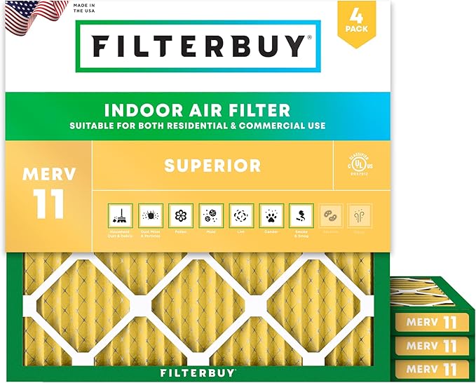 Filterbuy 23x23x1 Air Filter MERV 11 Superior Pet & Allergy Defense (4-Pack), Electrostatic Pleated HVAC AC Furnace Filters Replacement, Made in USA (Actual Size: 22.50 x 22.50 x 0.75)
