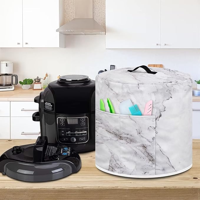 Air Fryer Dust Cover Compatible with 6 Quart Insulated Kitchen Appliance Cover with Top Handle and Front Pockets for Women Gift, White Marble
