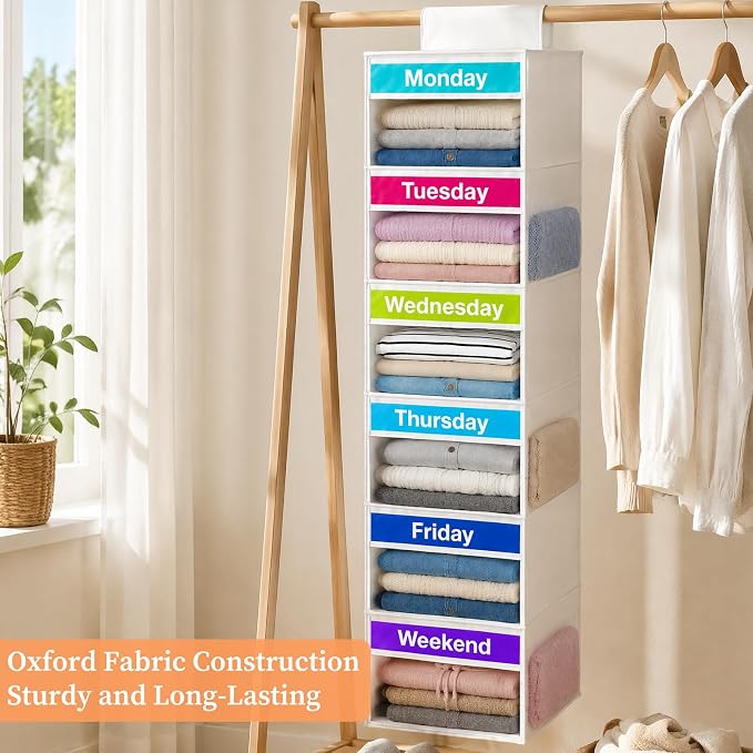 Weekly Clothes Organizer for Closet, 6-Shelf Hanging Closet Organizer - Image 2