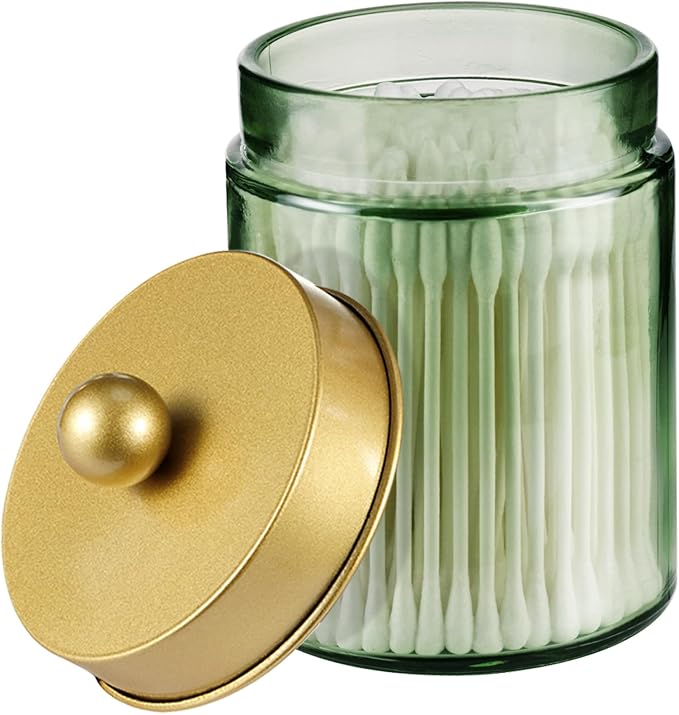 Amolliar Green Glass Apothecary Jar, Qtip Holder Bathroom Decor by Amolliar