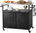 Outdoor Grill Cart with Storage, Outdoor Bar Cart with Wheels, Kitchen Island Cart with Stainless Steel Top for BBQ, Patio, Backyard