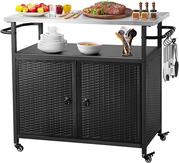 Outdoor Grill Cart with Storage, Outdoor Bar Cart with Wheels, Kitchen Island Cart with Stainless Steel Top for BBQ, Patio, Backyard