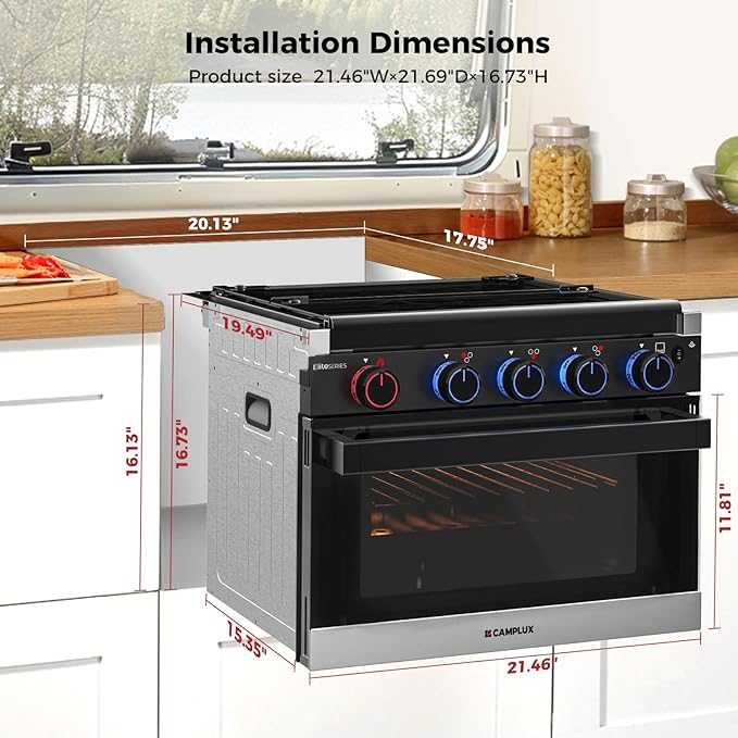 CAMPLUX Elite RV Propane Oven Stove Combo 17 Inches, 1.27 Cu.ft. Gas Oven Stove with 3 Burners, Total Output 28,100 BTU/Hr, Gas Ranges for RV, Apartment or Mini Kitchen, Black RGP17MGB