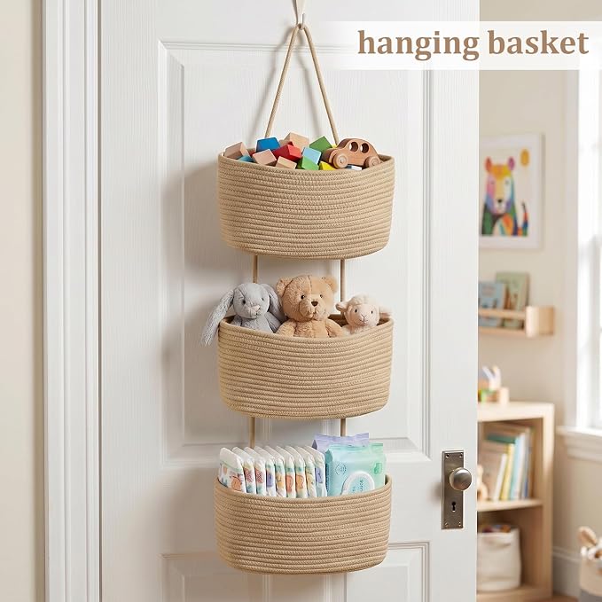 TeoKJ Over the Door Hanging Basket, 3-Tier Woven Cotton Wall-Mounted Storage - Image 4