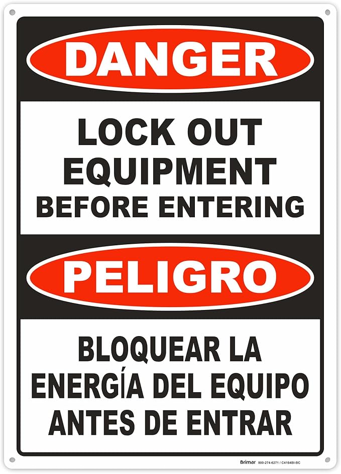 Brimar - 10 x 14" - Bilingual Danger Lock Out Equipment Sign - Polyethylene Plastic - Bilingual Design - Easy Installation
