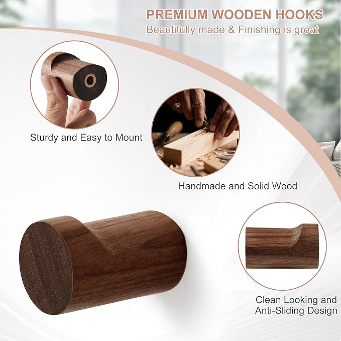Wood Wall Hooks for Hanging, 4 Pack Rustic Coat Hooks Wall Mount, Handmade - Image 6