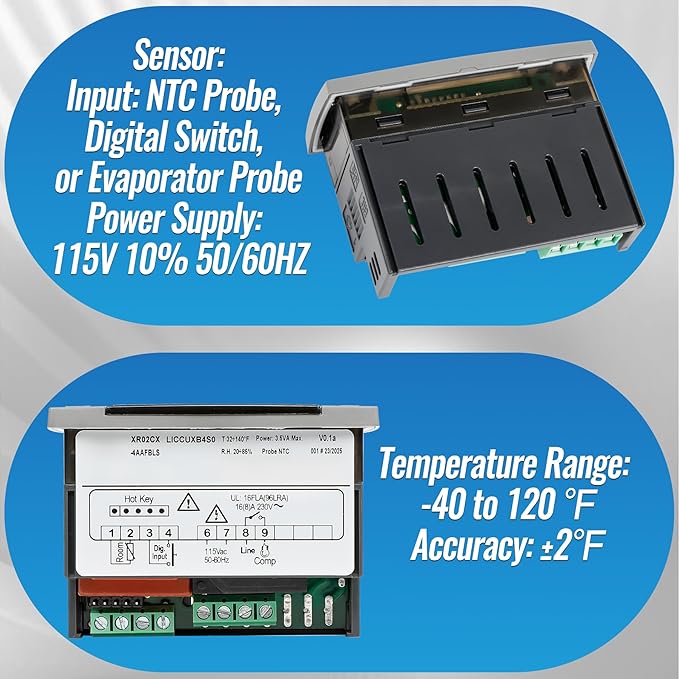 32-bit Enhanced XR02CX-4AAFBL Temperature Controller, Replaces Dixell XR02CX for 110-125V 50-60Hz Commercial Fridges/Freezers, Programmable Digital Thermostat, Voltage Protection & Reset, Red Screen