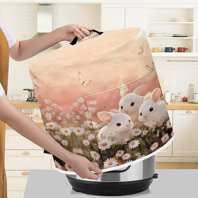 Xoenoiee Rabbit Butterfly Daisy Print Kitchen Appliance Dust Cover with Pockets, Electric Pressure Cooker Cover Compatible with Crock Pot for Easter Decor, Rice Cooker Covers, for 3 Qt