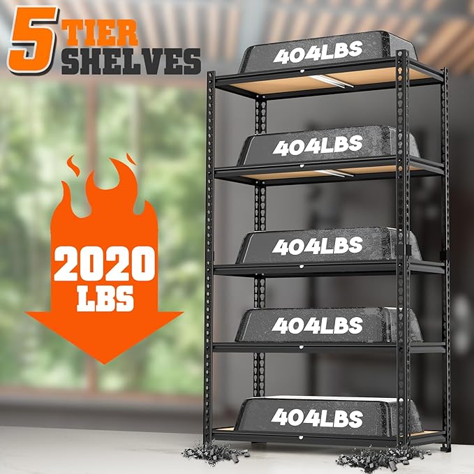 LEVELEVE 5-Tier Storage Shelving Unit, 2020 lbs Capacity, Heavy Duty Adjustable Metal Utility Shelf, 48" L x 18" W x 73" H for Garage, Kitchen, Pantry, Basement, Bathroom, Laundry, 2 Pack