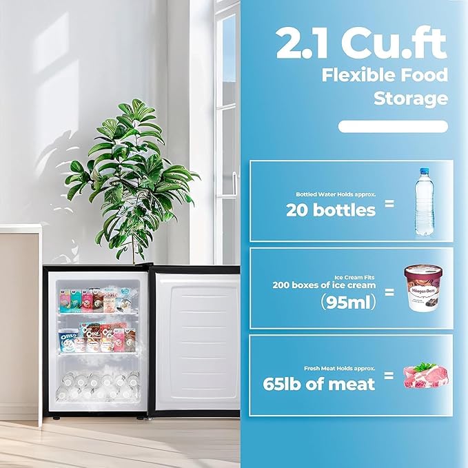 2.1 Cu.ft Small Freezer, Mini Upright Freezer with 7 Adjustable Thermostat, Removable Shelves, Reversible Single Door, for Bedroom/Home/Dorms/Apartment (Silver)