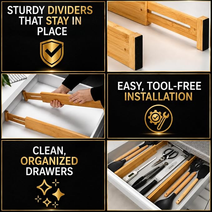 Adjustable Bamboo Drawer Dividers Expandable 8 Pack 17-22 Organizer | Kitchen - Image 7
