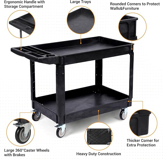 2-Shelf Large Heavy Duty PP Service Cart 45.7x25.6 Inch, Rolling Utility Cart with 360° Swivel Wheels, 550LBS, Oversize Shelf, Storage Handle, for Warehouse/Garage/Cleaning, Black