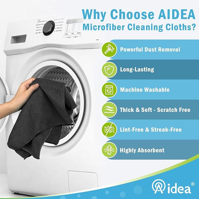 AIDEA Black Microfiber Cleaning Cloth-8PK, Cleaning Rags 12"x 16" Reusable | - Image 3