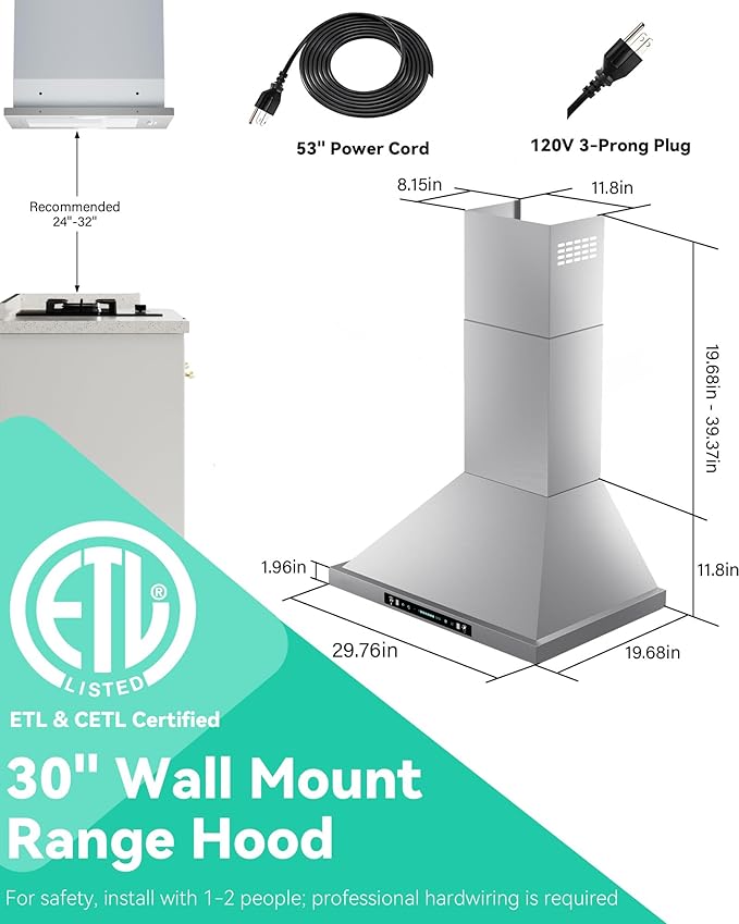 30 inch Stainless Steel Wall Mount Range Hood - 900 CFM, Gesture Control, Ultra-Quiet 4-Speed Vent, LED Lights, Ducted/Ductless Convertible