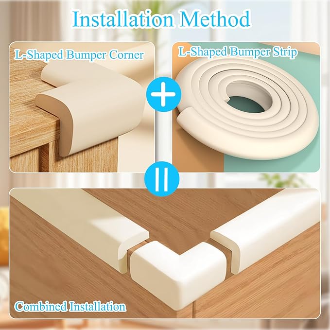 Baby Proofing Edge & Corner Protectors, 1 Roll White Foam L-Shape Self-Adhesive Bumper Strip + 4Corner Guards, Wall & Furniture Safety Bumpers for Nursery, Kitchen, Fireplace, Table, Desk