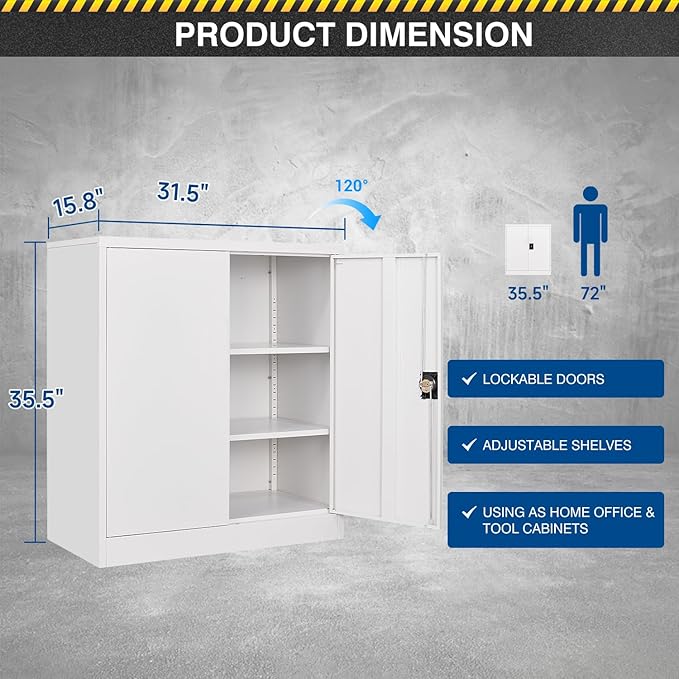 Metal Storage Cabinet-36” Tall Steel File Cabinets with Lockable Doors and Adjustable Shelves-White Steel Storage Cabinet for Home Office, School, Garag
