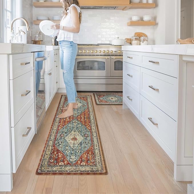 Collive Boho Kitchen Mats 2PCS, Cushioned Kitchen Mat for Floor Anti Fatigue Waterproof Kitchens Rugs Set of 2, Non Skid Comfort Standing Rug for Office, Sink, Laundry, 17"x30"+17"x47"
