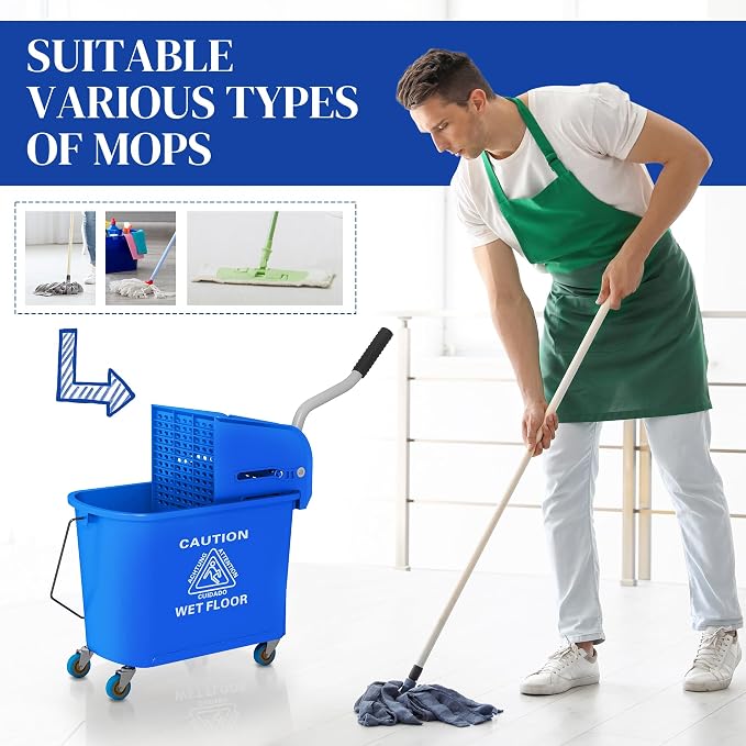 HOMCOM Commercial Mop Bucket Side Press Wringer Wheels 21 Quart Blue - Image 6