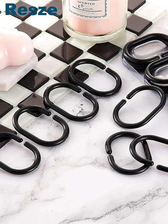 Resze 24 PCS Shower Curtain Rings, Plastic Black Shower Curtain Hooks, C-Shaped - Image 8