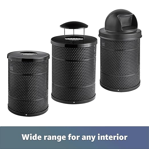 32 Gallon Perforated Trash Can with Flat Lid, Steel Outdoor Heavy-Duty Commercial Waste Bin, Round Recycle Container, Durable Garbage Can for Parks, Municipalities, Schools, Parking