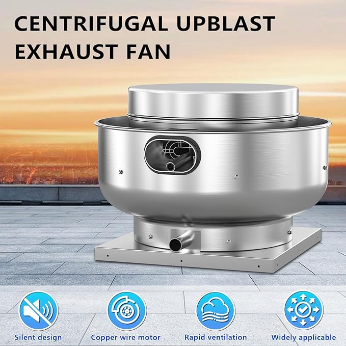 Restaurant Canopy Hood Grease Rated Exhaust Fan- Food Truck High-Speed Direct Drive Centrifugal Upblast Exhaust Fan 0.5HP 110 Volt Single Phase Motor 1900-2600 CFM