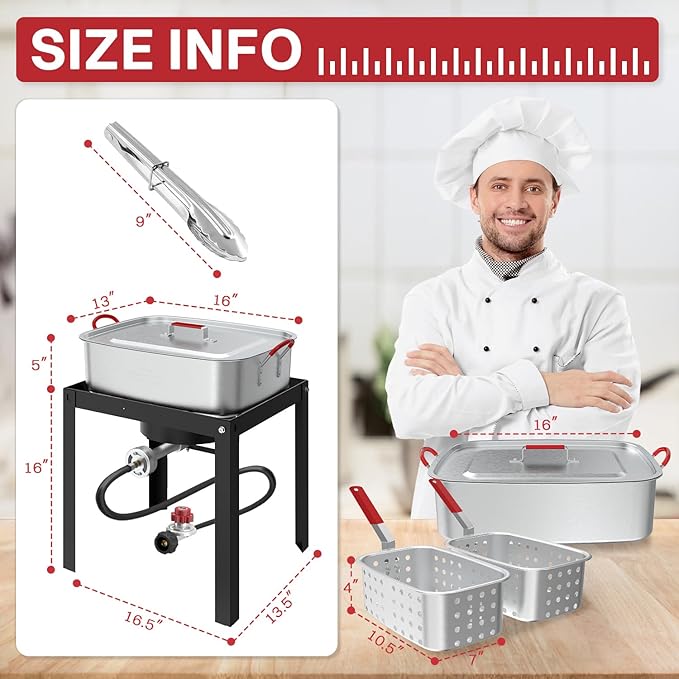 18QT Outdoor Propane Deep Fryer | Include 2 Baskets | Lid | 9" Fryer Tong | 6" Thermometer | Fish Fryer Pot with 50,000 BTU Propane Burner | Ideal for Fish, Chicken Wings & French Fries