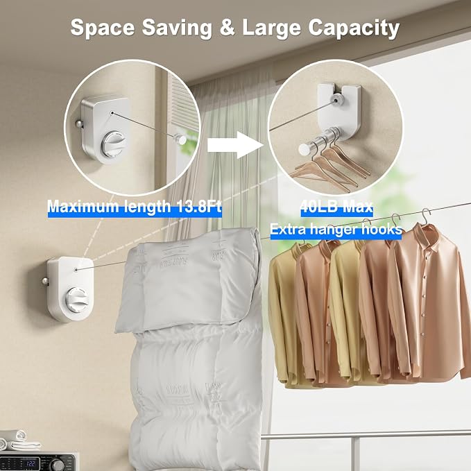 MUSTORN Retractable Clothesline Indoor, Non-Sagging Outdoor Clothes Line - Image 2