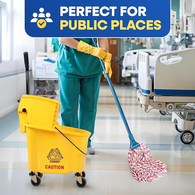 35-Quart Yellow Side-Press Mop Bucket and Wringer Combo on Wheels with Dirty Water Bucket for Commercial Use Perfect for Professional Industrial Business Household